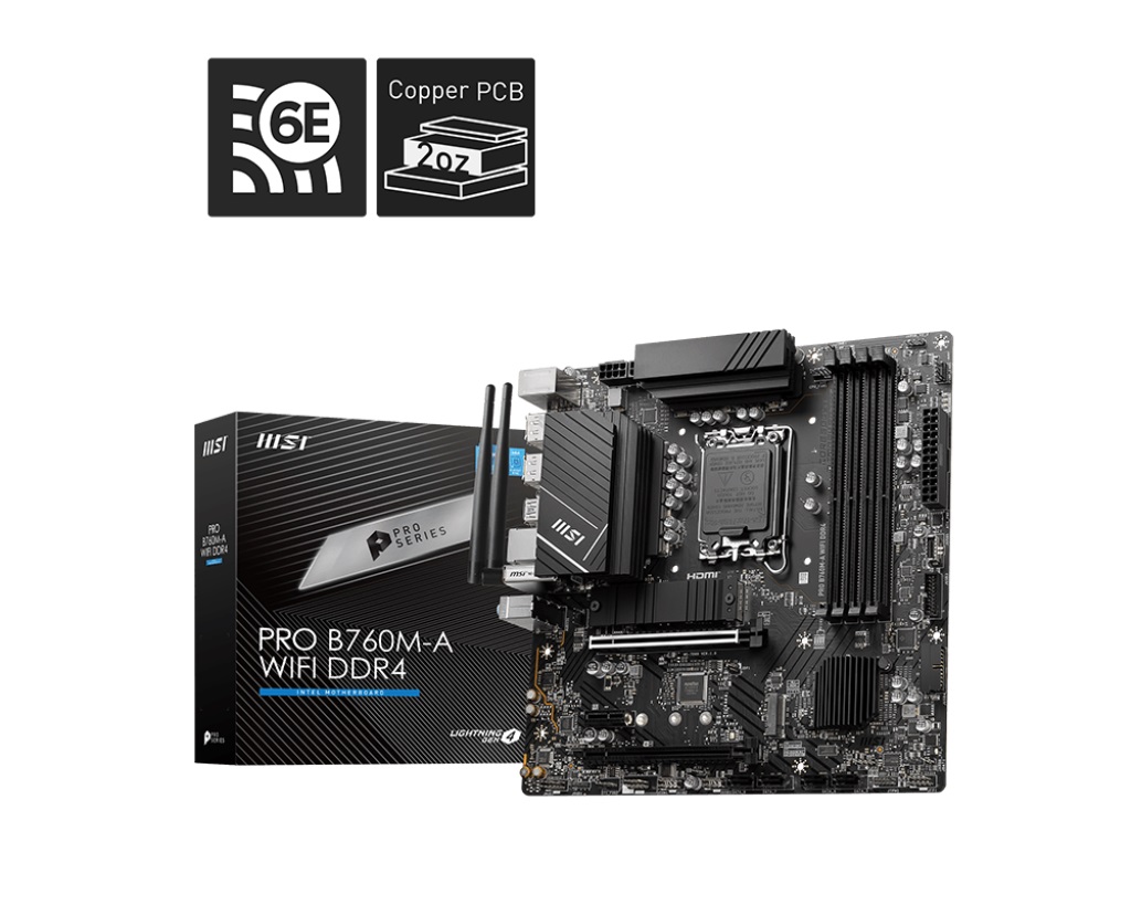 MBM-PROB760M-AWIFID4 MSI PRO B760M-A WIFI DDR4 mATX Motherboard, 4x DDR4~128GB, 2x PCI-E x 16, 1x PCI-E x 1, 2x M.2, 4x SATA, 4x USB 3.2 , 2x USB 2.0