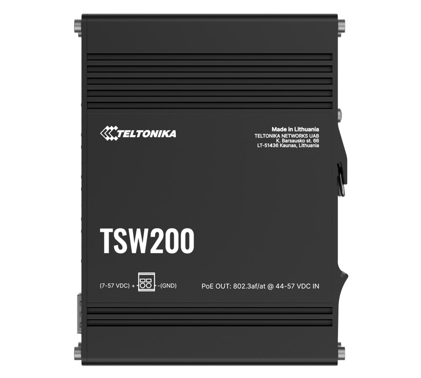 NHT-TSW200-DIN-RAIL Teltonika TSW200 Industrial PoE+ Ethernet Switch, 2x SFP Ports, 8x PoE+ Ports with speeds up to 1000 Mbps, Power Up to 240 W, PSU excluded
