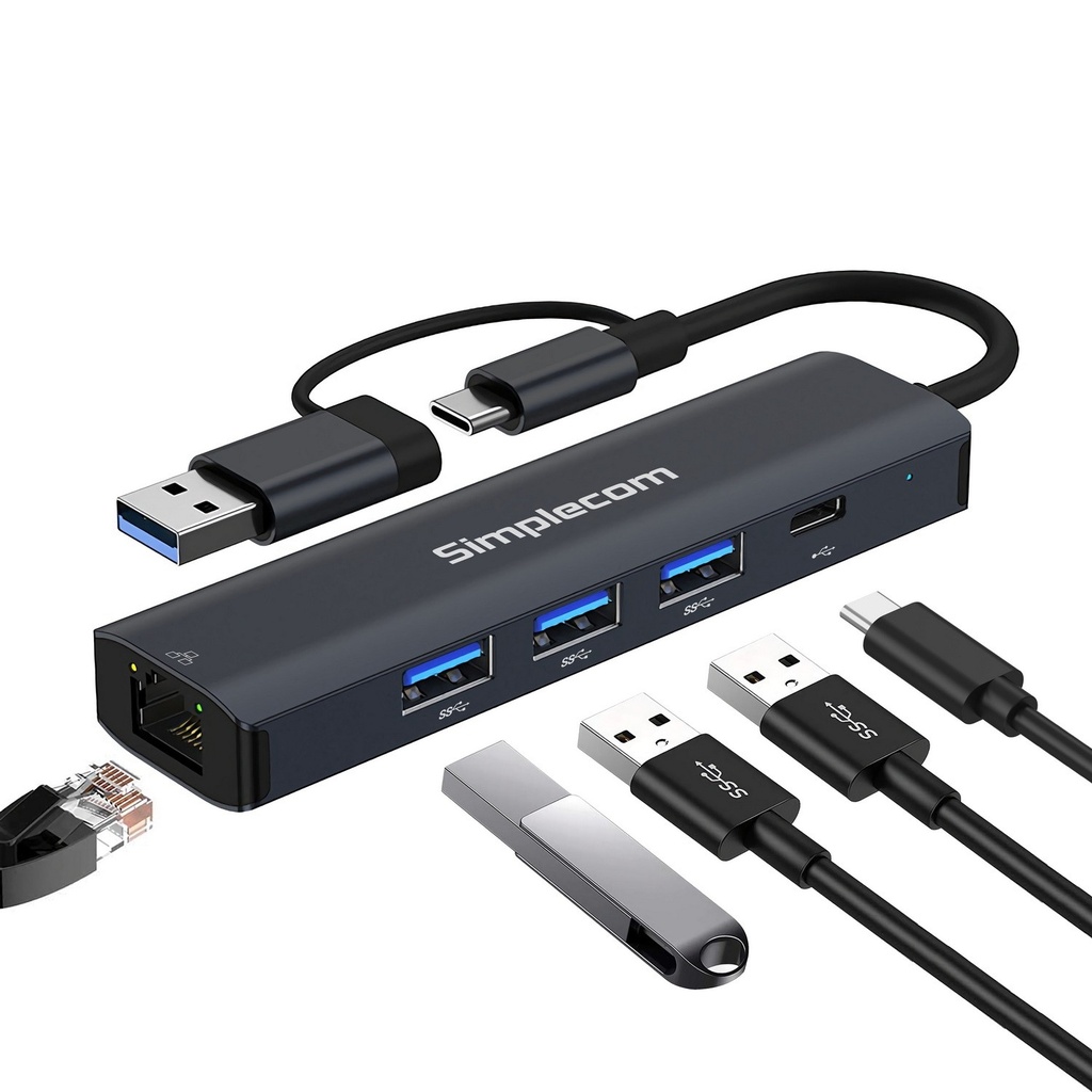 [HXSI-CHN436] HXSI-CHN436 Simplecom CHN436 USB-C and USB-A to 4-Port USB HUB with Gigabit Ethernet Adapter