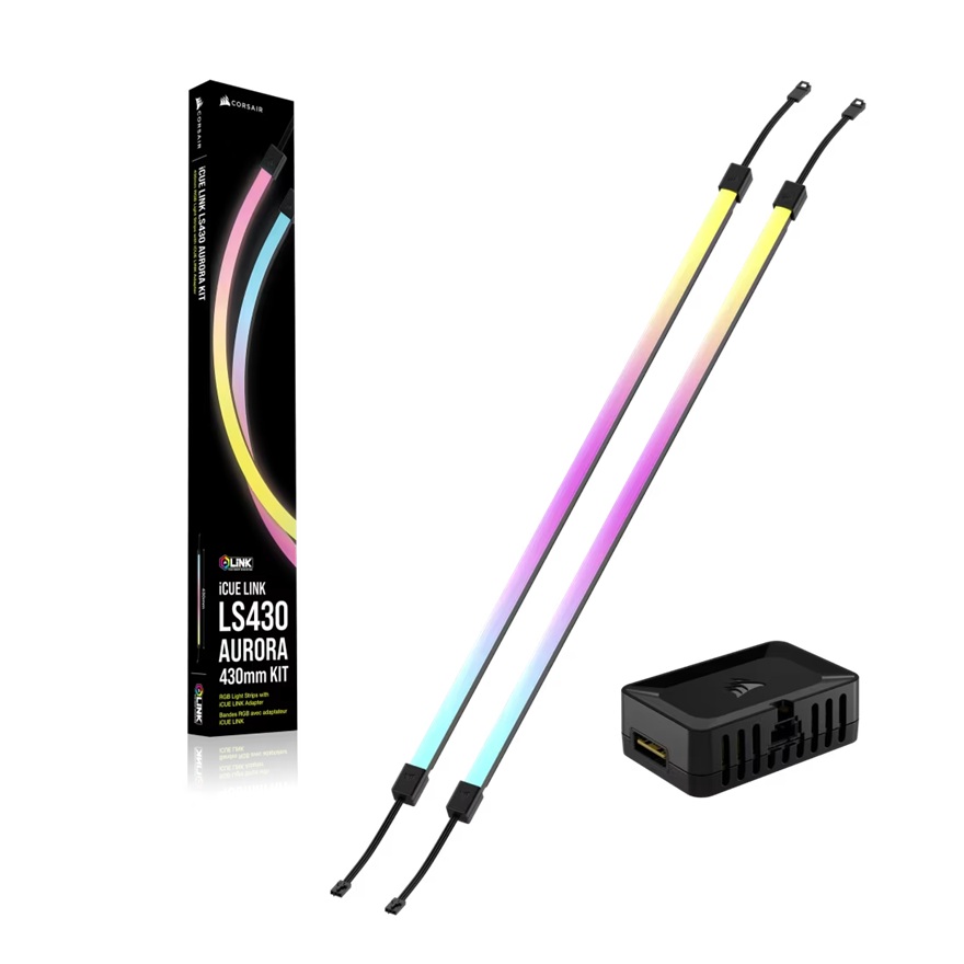 CAC-ICLK-LS350-430 Corsair iCUE LINK LS430 Aurora RGB Light Strips - 430mm Kit – 430×10×10mm, magnetic mount, black, addressable LEDs