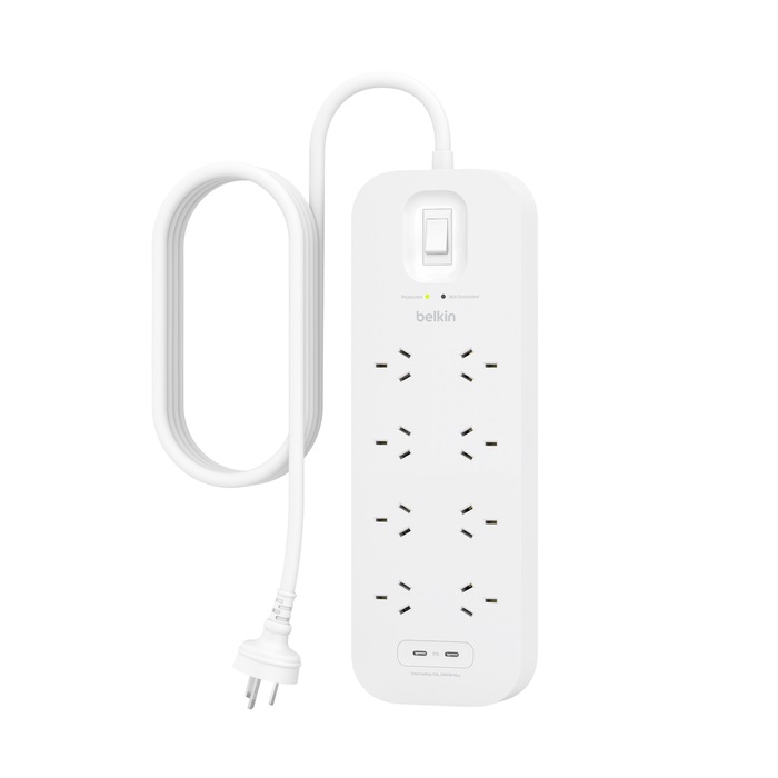 MPA-SRB004AU2M Belkin Surge Pro 8-Outlet Surge Protector With Dual USB-C Ports (SRB004AU2M) - Heavy Duty 2M Power Cord, 900 Joules, $70000 CEW, 2 Years Warranty