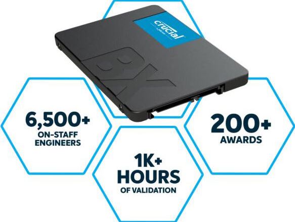 HBC-BX500-500G-P Crucial BX500 500GB 2.5' SATA3 6Gb/s SSD - 3D NAND 550/500MB/s 7mm 1.5 mil MTBF 3yr wty Acronis True Image Solid State Drive >480GB