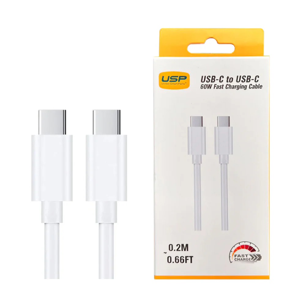 MPA-6976552041157 USP USB-C to USB-C 60W Mini Cable (0.2M) White - High Performance,Durable, High Speed, Samsung Galaxy, Apple iPhone, iPad, MacBook, 5 Years Warranty