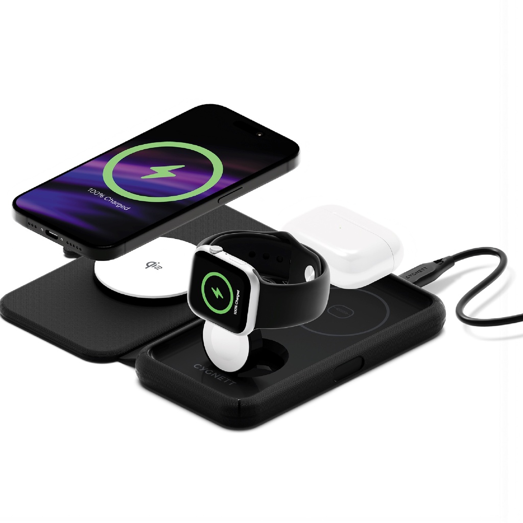 [MPA-CY5138WIRDE] MPA-CY5138WIRDE Cygnett MagTravel Qi2.0 2-in-1 Wireless Charger - Black (CY5138WIRDE), 1.2M USB-C Cable,15W, Compact and lightweight, 2 Years Warranty