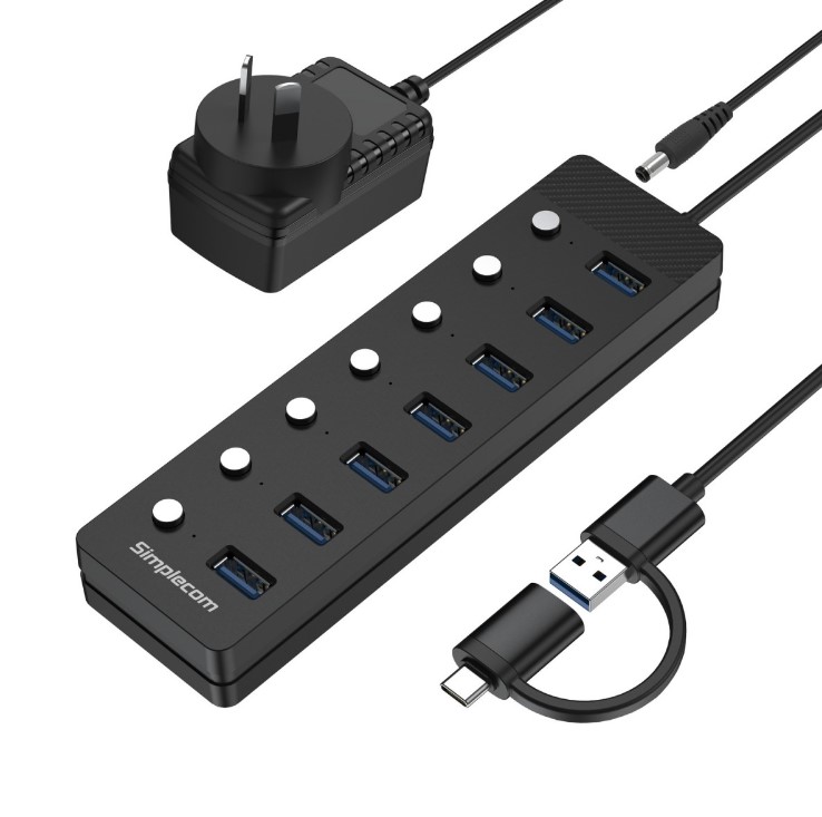 HXSI-CH375C Simplecom CH375C USB-A and USB-C to 7-Port USB 3.0 Hub 5Gbps Individual Switches and Power Adapter