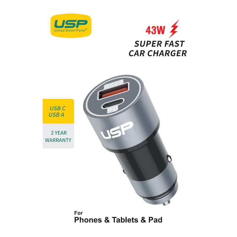MPA-6976552041645 USP 43W Dual Port Car Charger (USB-C PD 25W + USB-A QC 3.0) – Silver, Smart Protection, Dual USB, Fast charging for Samsung & iPhone, 5 Years Warranty