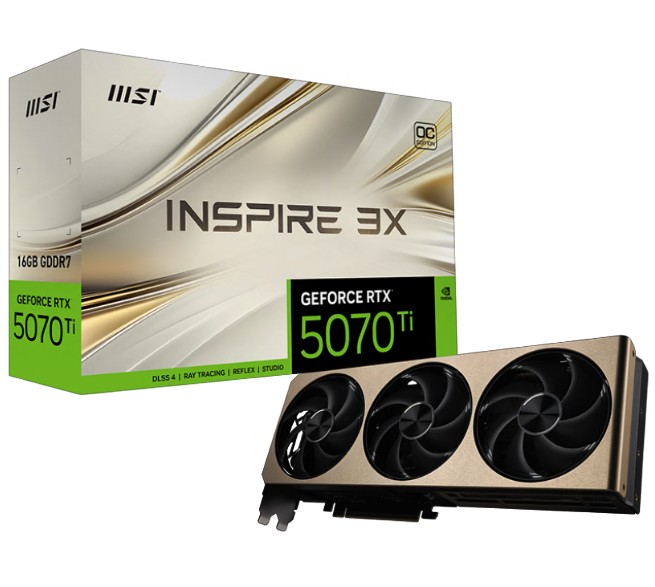VCM-RTX5070T16GINSP3XOC MSI nVidia GeForce RTX™ 5070 Ti 16G INSPIRE 3X OC, PCI Express® Gen 5, Boost: 2482 MHz, CUDA 8960 Units, 16GB GDDR7, HDMI™ x 1