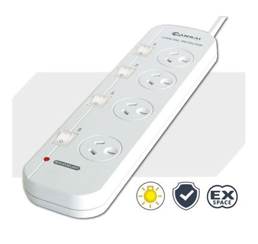 UPSA-PB054-SW Sansai 4 Way Powerboard 4 Outlet 10A 240V Individually Switched 2 extra spaced sockets 1M Length