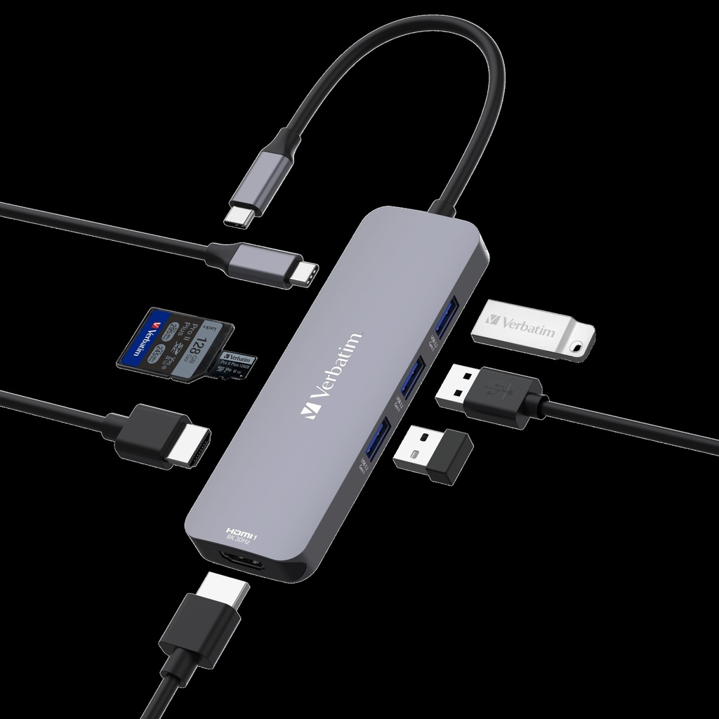 USV-32151 Verbatim USB-C Pro Multiport Hub 8 Ports, 2x HDMI 8K30+4K30 dual display, 3x USB-A 3.2 Gen1, SD + microSD, USB-C PD 100W in/85W to host