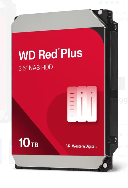 HAWD-RD35-10TB3 Western Digital WD Red Plus 10TB 3.5' NAS HDD SATA3 7200RPM 256MB Cache 24x7 180TBW ~8-bays NASware 3.0 CMR Tech 3yrs wty (replacement of WD101EFBX)