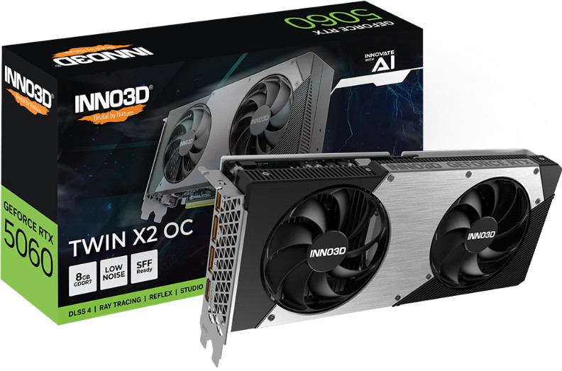 VCI-RTX5060-TWX2O INNO3D nVidia GeForce RTX 5060 TWIN X2 OC 8GB GDDR7, 2527MHz Boost Clock, RAM 28Gbps, 3xDP, 1xHDMI 250x116x41mm