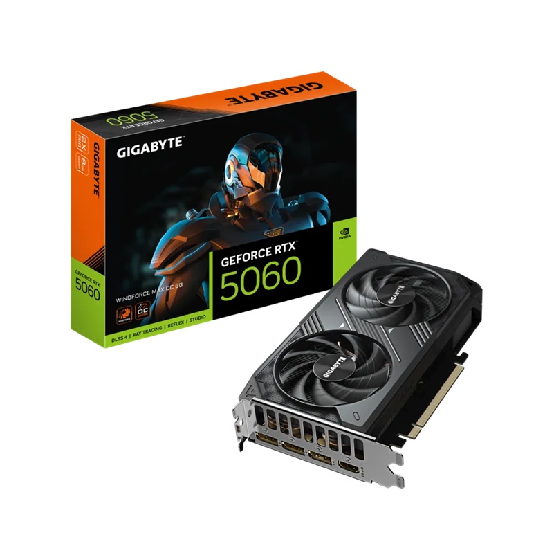 VCG-GV-N5060WF2MAXOC-8GD Gigabyte GeForce RTX™ 5060 WINDFORCE 2 MAX OC 8G, 2512MHz, CUDA 3840, 28Gbps, GDDR7, 128 bit, PCI-E 5.0, PSU 550W, DisplayPort 2.1b *3 HDMI 2.1b *1