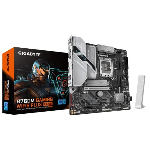 MBG-B760MGAMINGWF6PLGN5 Gigabyte B760M GAMING WIFI6 PLUS GEN5 Intel LGA 1700 m-ATX Motherboard, 2xDDR5 ~128GB, 1xPCI-E x16, 1xPCI-E x1, 2xM.2, 4xSATA, 5xUSB 3.2, 2xUSB 2.0