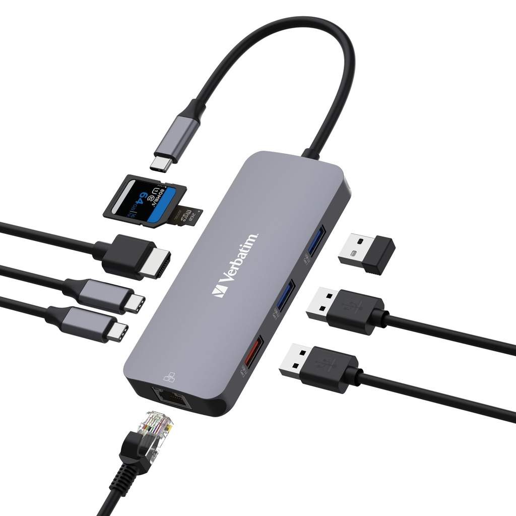 USV-32152 Verbatim USB-C Pro Multiport Hub 9 Ports, HDMI 4K60, RJ45 1GbE, 2x USB-C + USB-A 3.2 Gen2 10Gbps data only, 2x USB-A Gen1, SD + microSD, bus powered