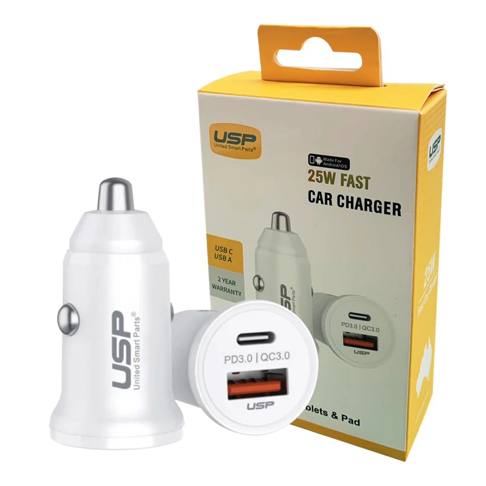 MPA-6976552041638 USP 43W Dual Port Fast Car Charger - White, 1xUSB-C(25W), 1xUSB-A(18W QC 3.0), Compact & Lightweight, 5 Years Warranty