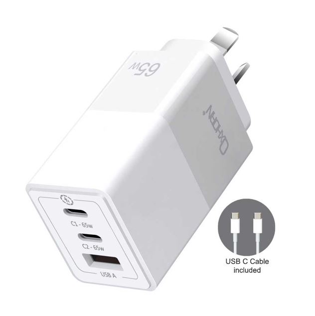 MPOXH-NB-PD65CCAW Oxhorn 65W GaN Type C fast Charger 3 Port 2xUSB-C 1xUSB-A PD3.0 QC4.0 PPS AUS Approved C-tick White with cable