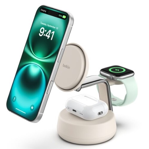 MPA-WIZ040AUSD Belkin UltraCharge Pro 3-in-1 Magnetic Charging Dock w/ Qi2 (25W) + 45W Wall Charger + USB-C Cable(1.5M)- Sand(WIZ040auSD),$2500 CEW,2 Years Warranty