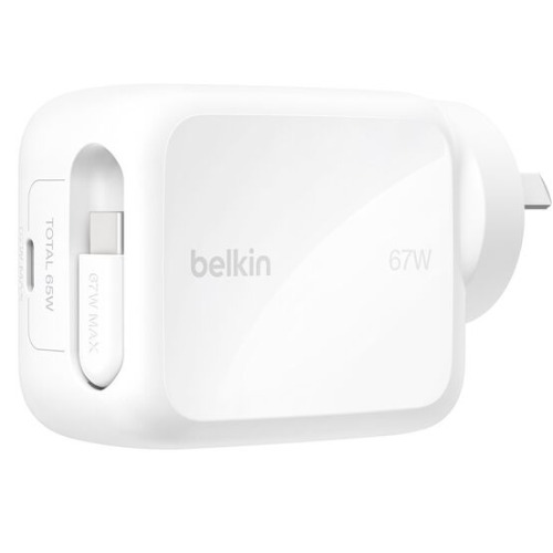 MPA-WCH022AUWH Belkin UltraCharge Retractable Dual 67W USB-C GaN Wall Charger - White(WCH022auWH),1xUSB-C,1x Retractable USB-C Cable(1M),$2,500 CEW, 2 Years Warranty