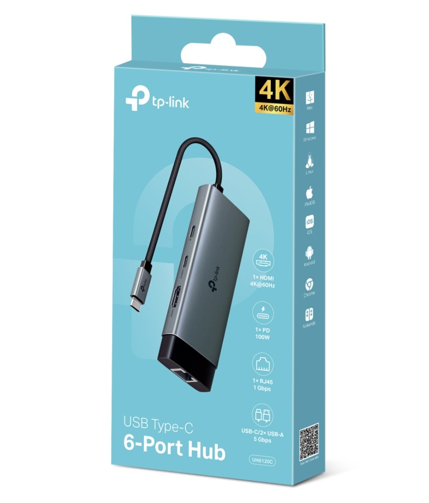 USTL-UH6120C TP-Link UH6120C USB Type-C 6-Port Hub,4K@60Hz HDMI, 1 Gbps ethernet, 100W Power Delivery, 1× USB-C Data Ports, 2× USB-A Data Ports.