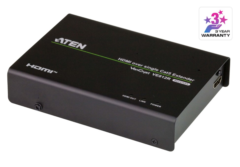 KVA-VE812R-AT-U Aten HDMI HDBaseT Receiver, supports up to 4096 x 2160 @ 30 Hz (4:4:4) @ 70m (Cat 5e/6) and 100m (Cat 6A)