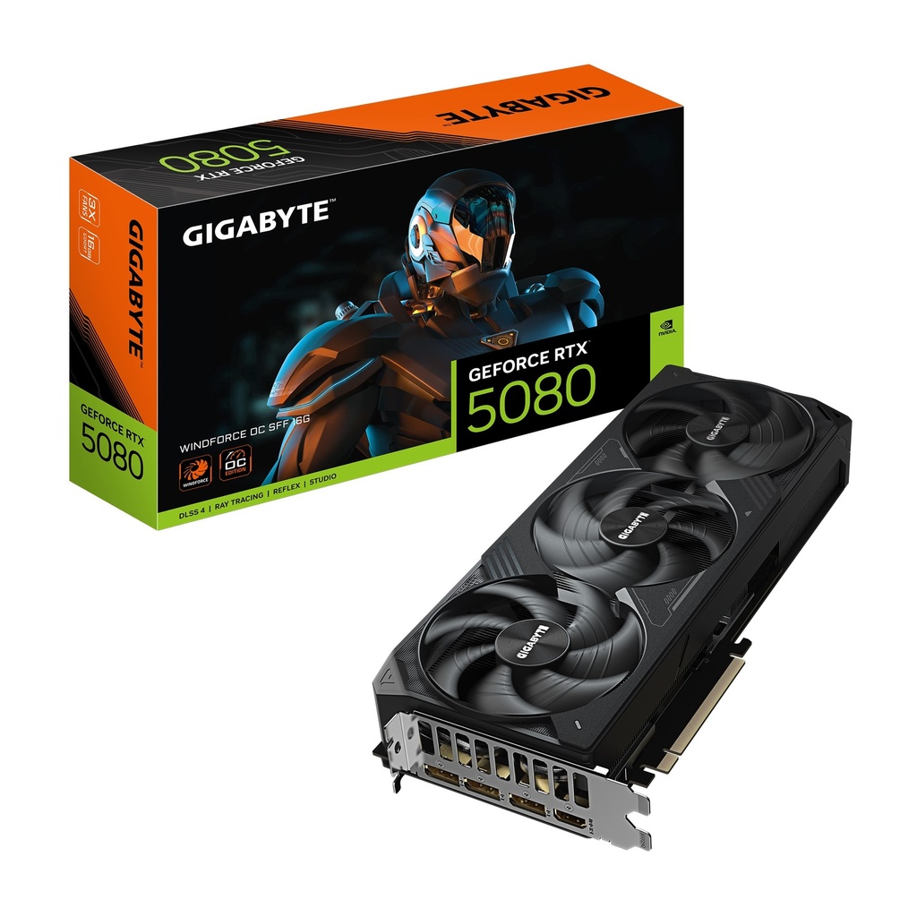 VCG-GV-N5080WF3OC-16GD Gigabyte GeForce RTX™ 5080 WINDFORCE OC SFF 16G, 2670 MHz, CUDA 10752, GDDR7,  256 bit, PCI-E 5.0, PSU 850W, DisplayPort 2.1b x3 HDMI 2.1b x1