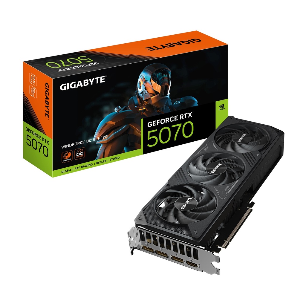 VCG-GV-N5070WF3OC-12GD Gigabyte GeForce RTX 5070 WINDFORCE OC SFF 12G, 2542 MHz, CUDA  6144, 28 Gbps, GDDR7, 192 bit, PCI-E 5.0, PSU 750W, DisplayPort 2.1b *3 HDMI 2.1b *1