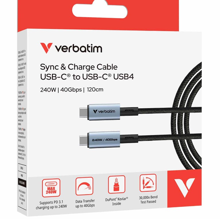 CBV-31847 Verbatim Sync & Charge USB-C to USB-C USB4 Cable, 240W PD 3.1, 40Gbps data transfer, Kevlar core, 30,000 bend tested, 120cm