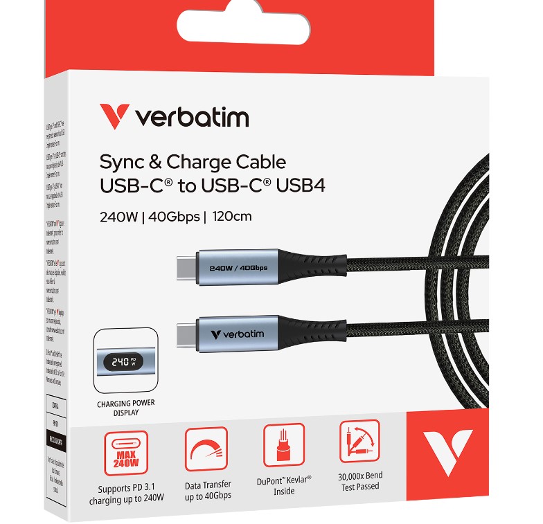CBV-31849 Verbatim Sync & Charge USB-C to USB-C USB4 Cable, 240W PD 3.1, 40Gbps data, LED power display, Kevlar core, 30,000 bend tested, 120cm