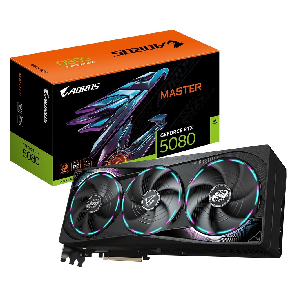 VCG-GV-N5080AORUSM-16GD Gigabyte AORUS GeForce RTX™ 5080 MASTER 16G, 2805 MHz, CUDA 10752, 30 Gbps, GDDR7, 256 bit, PCI-E 5.0, PSU 850W, DisplayPort 2.1b x3 HDMI 2.1b x1