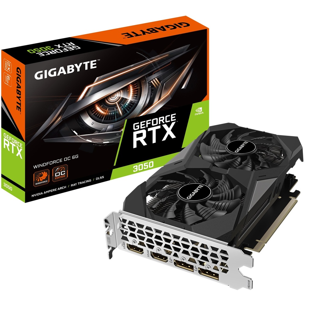VCG-N3050WF20CV26GD Gigabyte nVidia GeForce RTX™ 3050 WINDFORCE OC V2 6G, 1477 MHz, CUDA 2304, 14000 MHz, GDDR6, 96 bit, PCI-E 4.0, PSU 300W, DP1.4a*2 HDMI 2.1*2