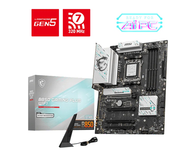 MBM-B850GAMINGPLUSWIFI MSI B850 GAMING PLUS WIFI, AM5, B850, DDR5 8200+OC, PCIe 5.0, M.2 Gen5/Gen4, WiFi 7, 5Gb LAN, USB 10G/5G, SATA, 7.1 Audio, 2yr wty