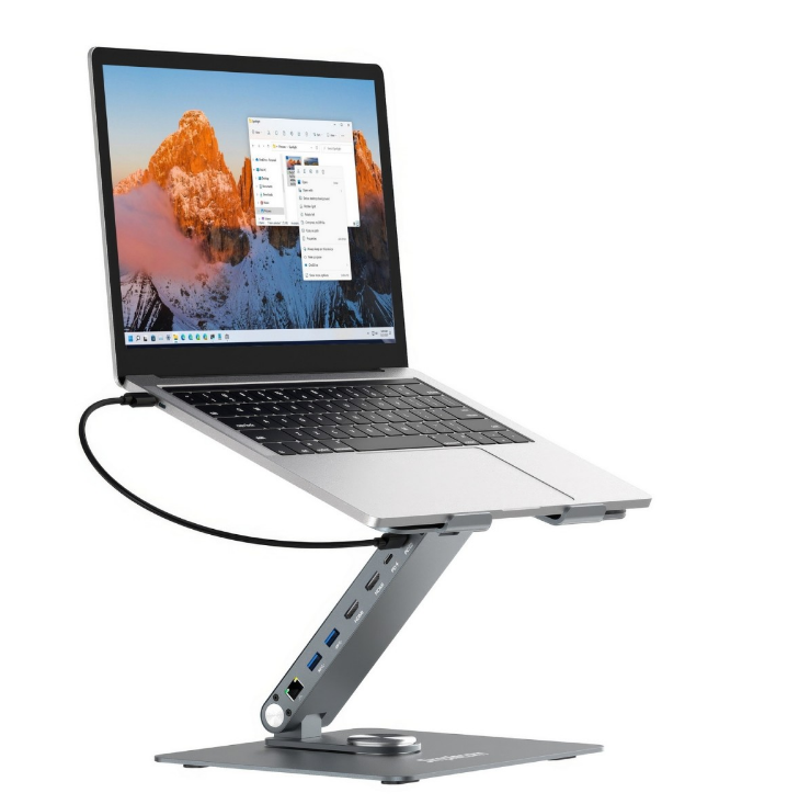 NASI-CHT660 Simplecom CHT660 Adjustable Aluminium Laptop Stand with 6-Port USB-C Docking Station Dual 4K HDMI Display Compatible with laptops from 10 to 17 inches