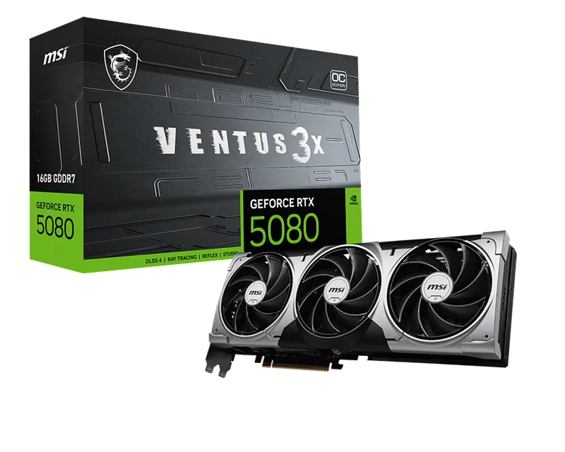 VCM-RTX5080-16GVENTUS3XOC MSI nVidia GeForce RTX™ 5080 16G VENTUS 3X OC, Boost: 2640 MHz, CUDA 10752 Units, 16GB GDDR7, HDMI™ x 1