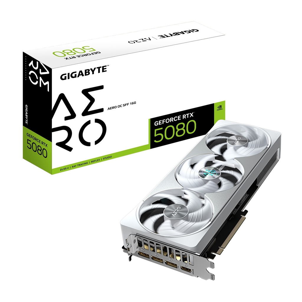 VCG-GV-N5080AEROOC-16GD Gigabyte GeForce RTX™ 5080 AERO OC SFF 16G, 2730 MHz, CUDA 10752, 30 Gbps, GDDR7, 256 bit, PCI-E 5.0, PSU 850W, DisplayPort 2.1b x3 HDMI 2.1b x1