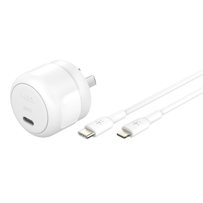 MPA-WCA008AU1MWH-B5 Belkin BoostCharge Compact 30W USB-C (PD 3.1) Wall Charger + USB-C to Lightning Cable - White (WCA008au1MWH-B5),$2500 CEW, 2 Years Warranty