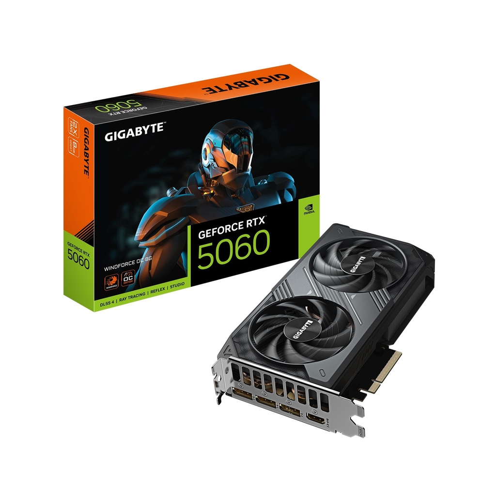 VCG-GV-N5060WF2OC-8GD Gigabyte GeForce RTX™ 5060 WINDFORCE OC 8G, 2512 MHz, CUDA 3840, 28 Gbps. GDDR7, 128 bit, PCI-E 5.0, PSU 450W, DisplayPort 2.1b *3 HDMI 2.1b x1