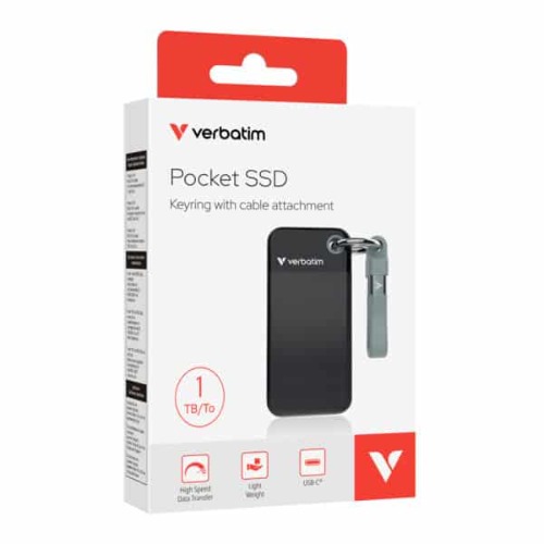 HXV-1TBBKGR Verbatim 1TB Pocket SSD USB 3.2 Gen 2 1TB Black Grey. Convenient Keyring cable holder. Compact, Rugged. Ultra Lightweight Performance 58g Portable B