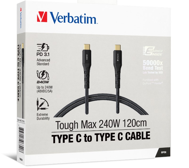 CBV-66820 Verbatim Cable 240W USB-C to USB-C 120CM, PD 3.1 and QC 3.0 and 4.0 Premium Cable