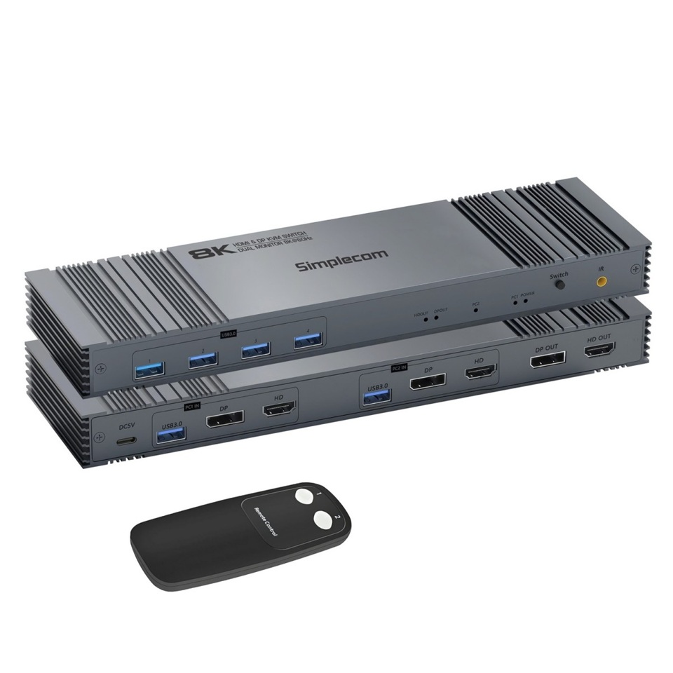 HXSI-KM490 Simplecom KM490 HDMI and DisplayPort Dual Monitor KVM Switch for 2 Computers with 4-Port USB 3.0 Hub 5Gbps 8K@60Hz