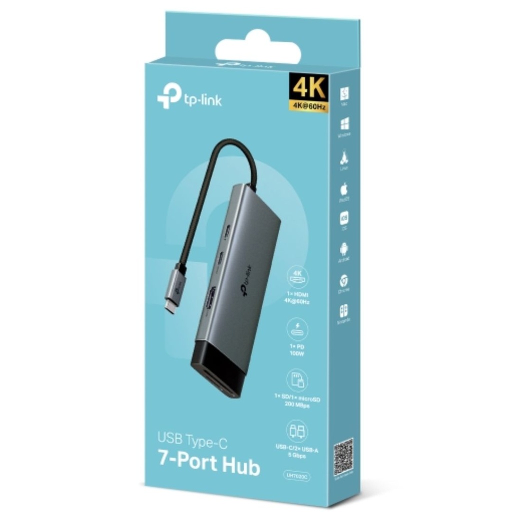 USTL-UH7020C TP-Link UH7020C USB Type-C 7 in 1 Hub, 4K@60Hz HDMI, SD & microSD UHS-I, 100W Power Delivery, 1× USB-C Data Port, 2× USB-A Data Ports.