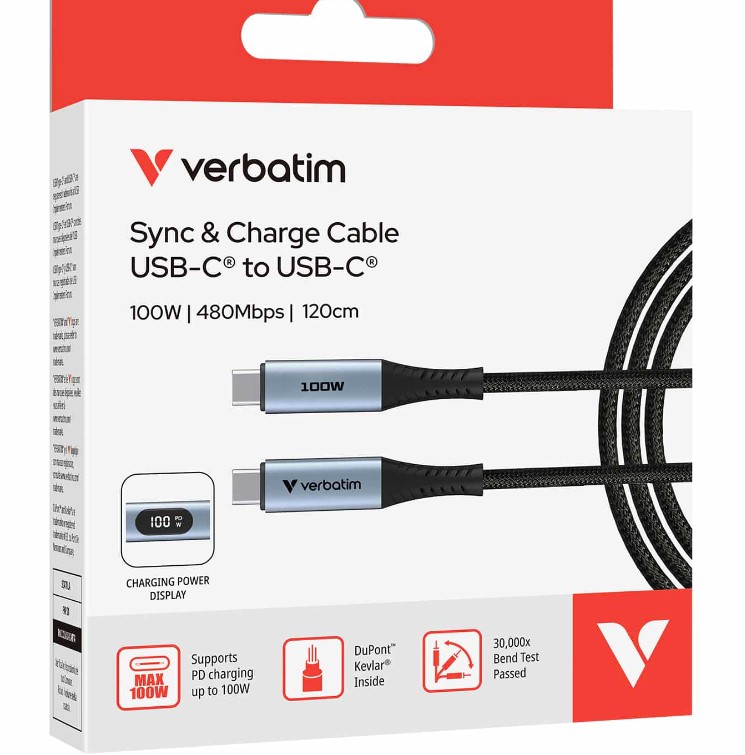CBV-31848 Verbatim Sync & Charge USB-C to USB-C Cable, 100W PD 3.0 + QC 3.0, LED power display, 480Mbps data, Kevlar core, 30,000 bend tested, 120cm