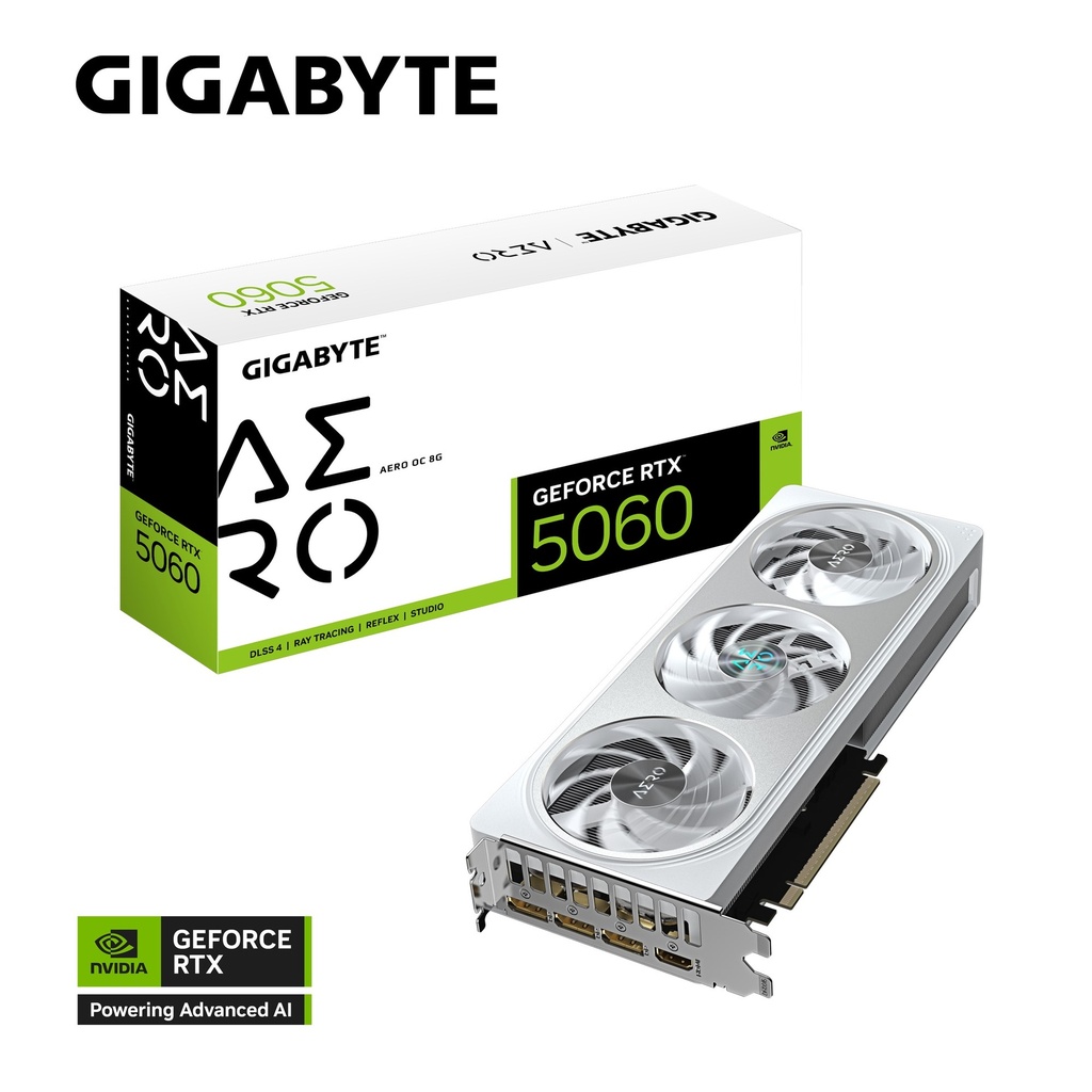 [VCG-GV-N5060AEROOC-8GD] VCG-GV-N5060AEROOC-8GD Gigabyte GeForce RTX™ 5060 AERO OC 8G, 2595 MHz, CUDA 3840, 28 Gbps, GDDR7,  128 bit, PCI-E 5.0, PSU 500W, DisplayPort 2.1b *3 HDMI 2.1b x1
