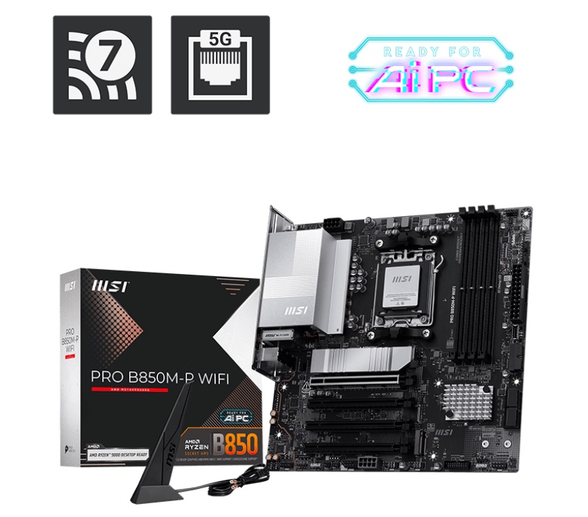 MBM-PROB850M-PWIFI MSI PRO B850M-P WIFI, AM5, 4x DDR5 256GB, 1x HDMI, 1x PCI-E x16 slot, 3x M.2,4x USB2.0, 3x USB C, Wi-Fi 7