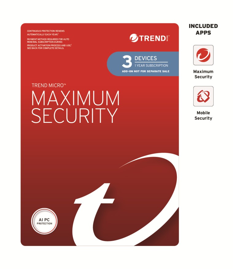 STRENDMAXSECRET3-1Y-O Trend Micro Maximum Security (3 Devices) 1 Year Add-on Auto Renew OEM