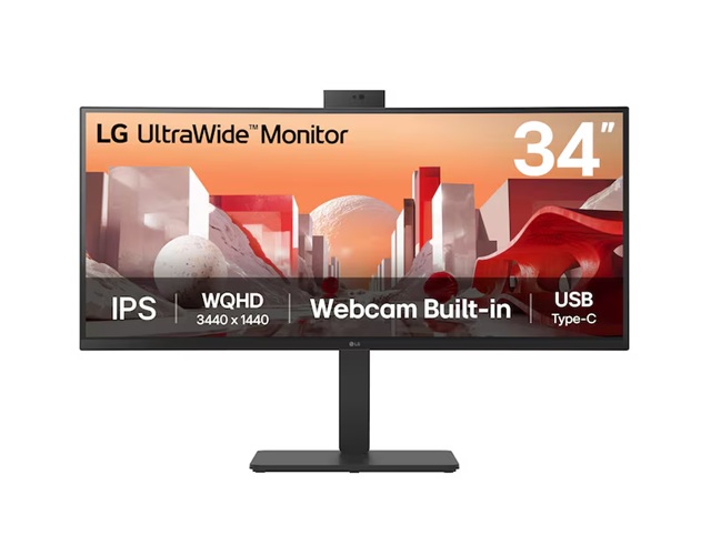 MNL-34BA85QE-B LG 34' UltraWide QHD Curved IPS 60Hz Monitor, 3440x1440, sRGB 99%, HDR10, Full HD Webcam/Mic/Speakers, USB-C 90W PD, RJ45, Adj Tilt/Height/Swivel