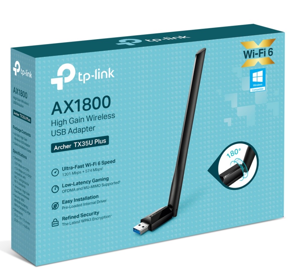 [NWTL-ARCHERTX35UPLUS] NWTL-ARCHERTX35UPLUS TP-Link Archer TX35U Plus AX1800 High Gain Wireless USB Adapter, 1201 Mbps at 5 GHz + 574 Mbps at 2.4 GHz, 1× High Gain External Antenna, USB 3.0
FEA