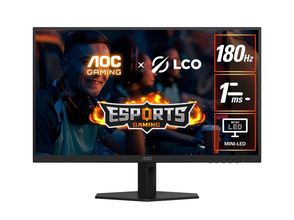 MNAO-Q27G40XMN AOC 27' QD-MiniLED Monitor – QHD 180Hz, 1ms, 5000:1 contrast, 1200 nits peak HDR, Quantum Dot VA, 148% sRGB, DP 1.4, HDMI 2.0, tilt adjusable