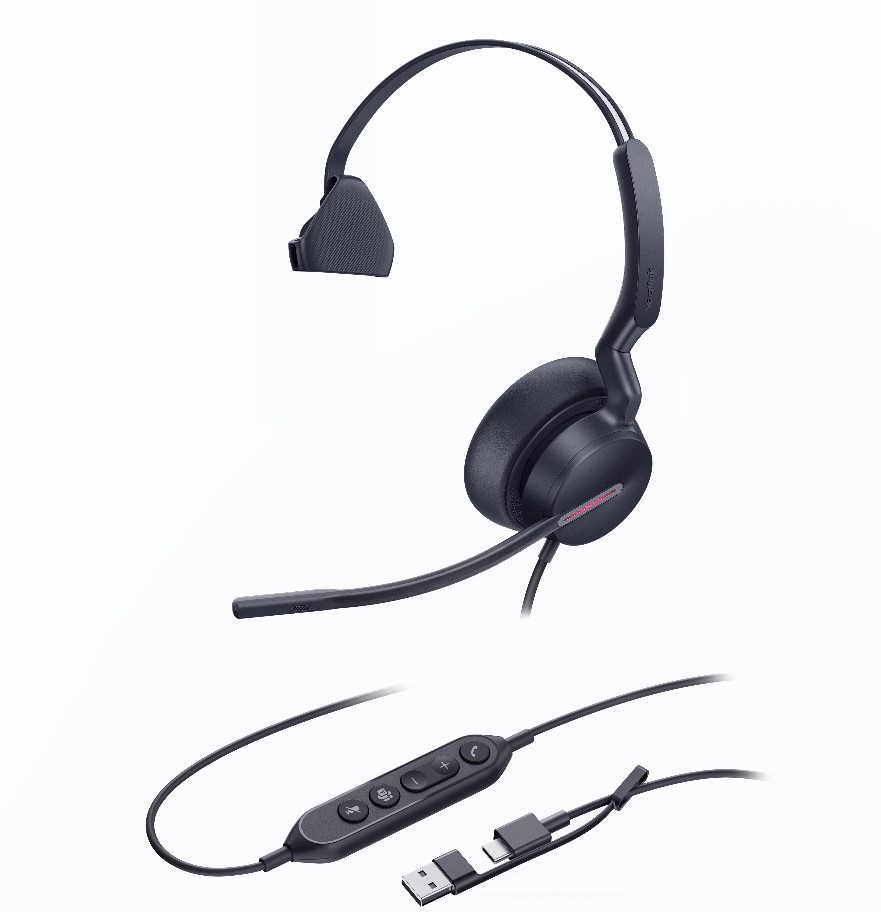 IPY-UH46-M-MS-CA Yealink UH46 Mono Teams USB-C/A Microsoft Certified Teams USB Wired Headset 3-Noise-Canceling Microphones 35mm Speaker Busylight Leather Controller
