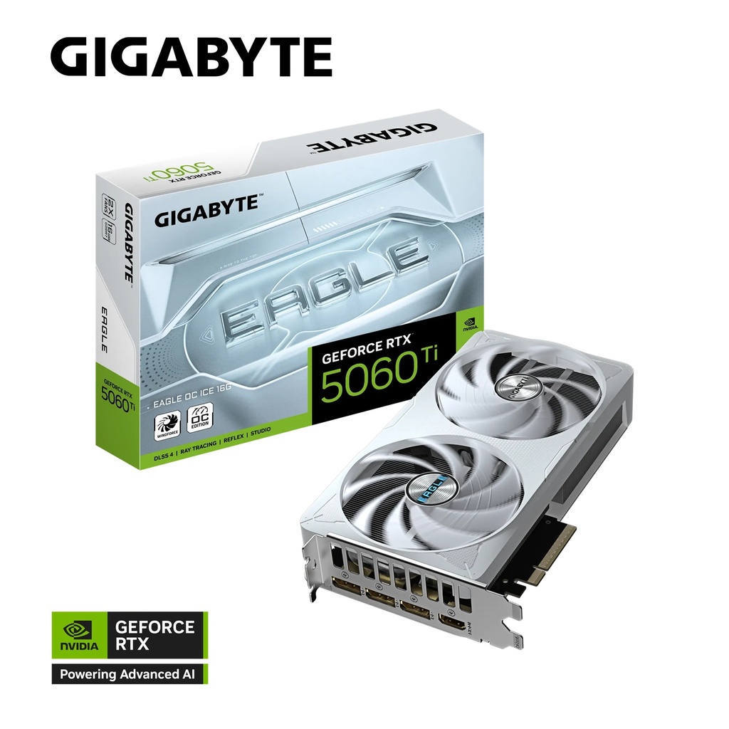 VCG-N506TEAGLEOCICE-16GD Gigabyte GeForce RTX™ 5060 Ti EAGLE OC ICE 16G, 2617 MHz, CUDA 4608, 28 Gbps, GDDR7, 128 bit, PCI-E 5.0, PSU 650W, DisplayPort 2.1b *3 HDMI 2.1b *1