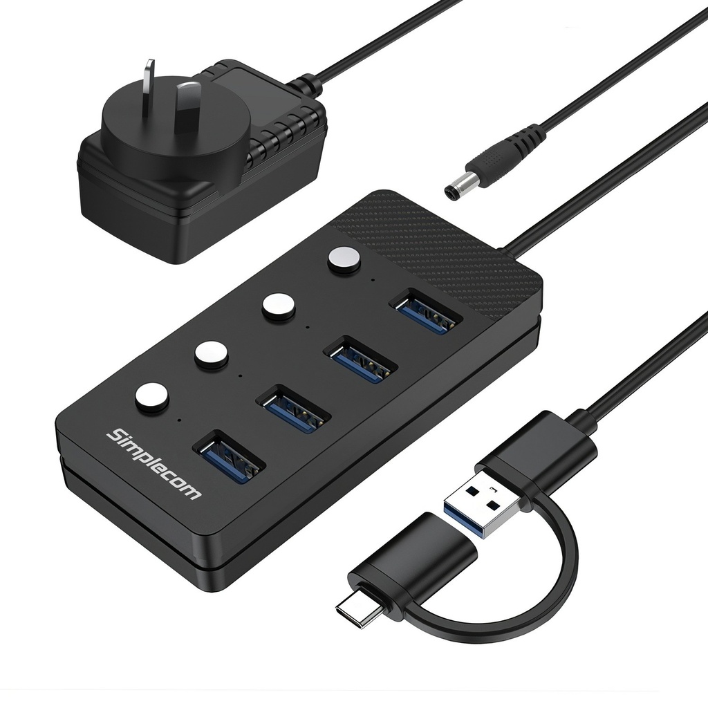 HXSI-CH345C Simplecom CH345C SuperSpeed USB-A and USB-C to 4-Port USB 3.0 Hub 5Gbps Individual Switches and Power Adapter